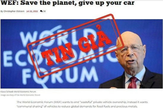 Ảnh chụp màn hình một bài báo thông tin rằng Diễn đàn Kinh tế Thế giới kêu gọi chấm dứt sở hữu ô-tô cá nhân.