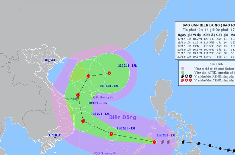 Vị trí và hướng di chuyển của bão Rai lúc 14 giờ ngày 17/12. (Nguồn: nchmf.gov.vn)