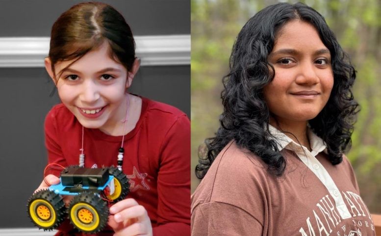 Hai nữ sinh chiến thắng cuộc thi Lunabotics Junior là Lucia Grisanti, đại diện cho khối lớp 5 và Shriya Sawant đại diện cho học sinh từ lớp 6-12. Ảnh: Future Engineers.
