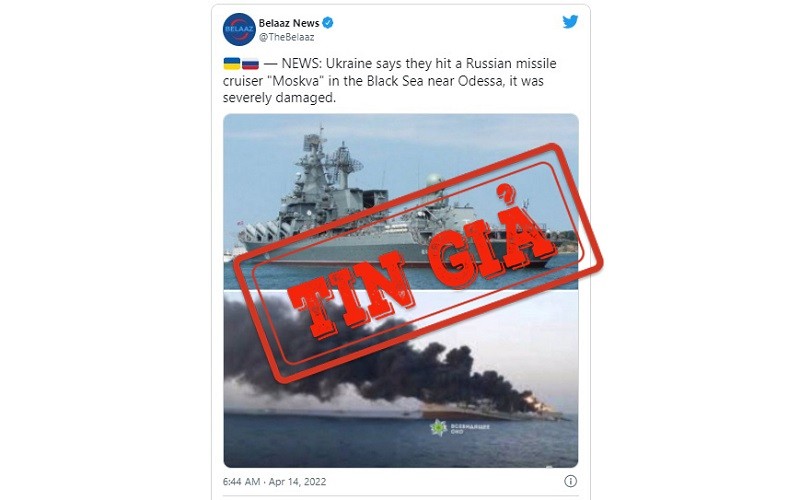 Một người dùng Twitter chia sẻ bức ảnh tàu hải quân Iran bốc cháy nhưng lại chú thích thành soái hạm Moskva của Nga. 