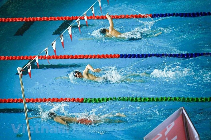 Đội tuyển bơi lội Việt Nam đang tập huấn tại Cung Thể thao dưới nước Mỹ Đình (Hà Nội) sau khi trở về từ chuyến tập huấn kéo dài tại Hungary. (Ảnh: TTXVN)