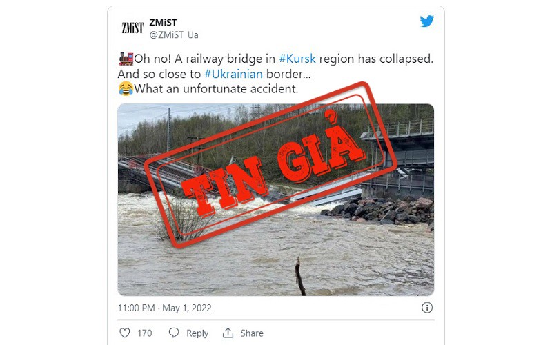 Ảnh chụp màn hình một bài đăng trên Twitter đưa thông tin sai lệch về cây cầu đường sắt bị sập ở Nga.