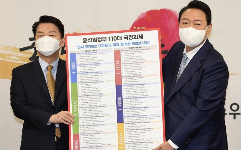 Tổng thống đắc cử Hàn Quốc Yoon Suk-yeol (bên phải) công bố bảng danh sách 110 nhiệm vụ trọng tâm của chính phủ mới. (Ảnh: Yonhap)