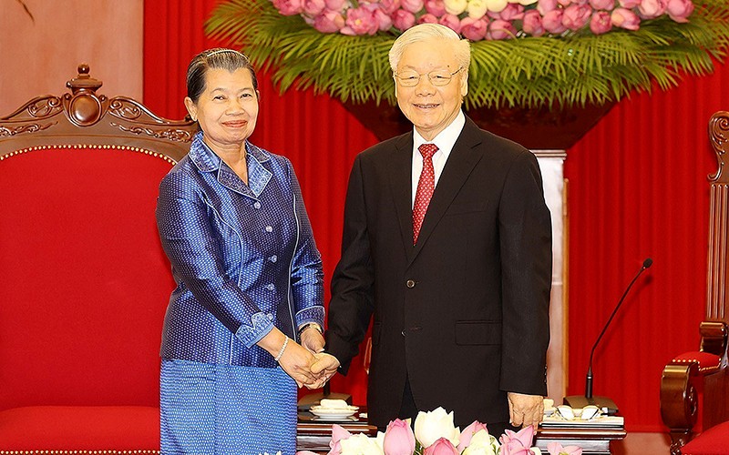 Tổng Bí thư Nguyễn Phú Trọng tiếp Phó Thủ tướng Campuchia Men Sam An. (Ảnh TTXVN)