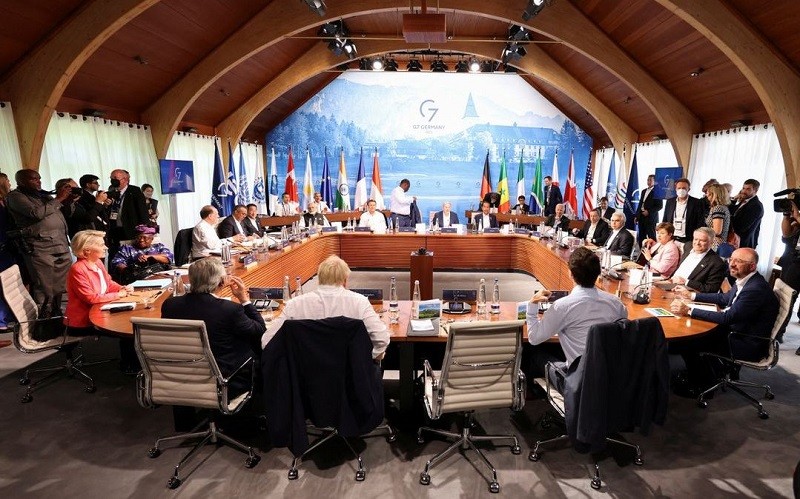 Toàn cảnh phiên họp giữa các lãnh đạo G7 với lãnh đạo các nước đối tác tham dự Hội nghị thượng đỉnh G7 tại lâu đài Schloss Elmau, Bavaria, Đức, ngày 27/6/2022. (Ảnh: REUTERS)