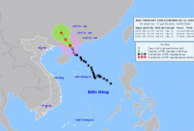 Vị trí và hướng di chuyển của bão số 1 lúc 16 giờ ngày 2/7. (Nguồn: nchmf.gov.vn)