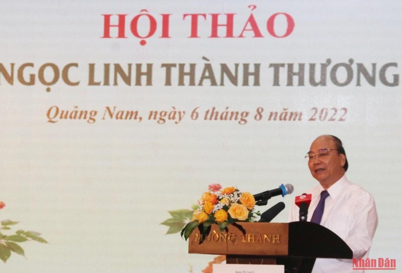 Chủ tịch nước Nguyễn Xuân Phúc phát biểu tại Hội thảo Nâng tầm sâm Ngọc Linh thành thương hiệu quốc gia.