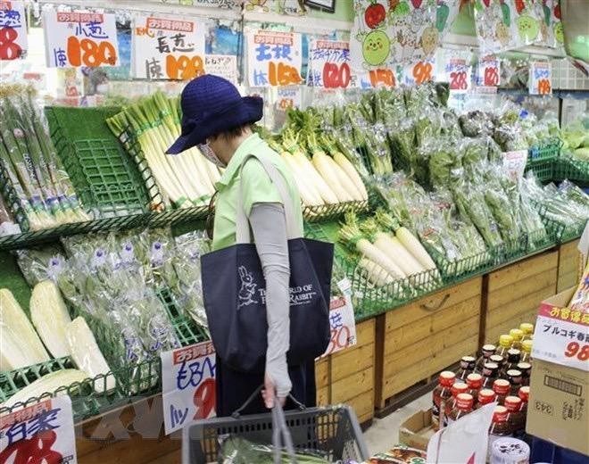 Người dân mua thực phẩm trong siêu thị tại Tokyo, Nhật Bản. (Ảnh: Kyodo/TTXVN)
