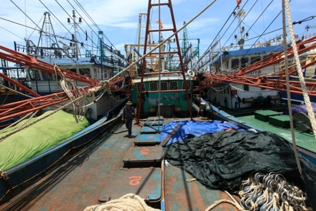 Đang giữa vụ cá nam nhưng nhiều con tàu vỏ thép do hai Công ty Nam Triệu (Bộ Công an) và Đại Nguyên Dương đóng vẫn nằm bờ để sửa chữa.